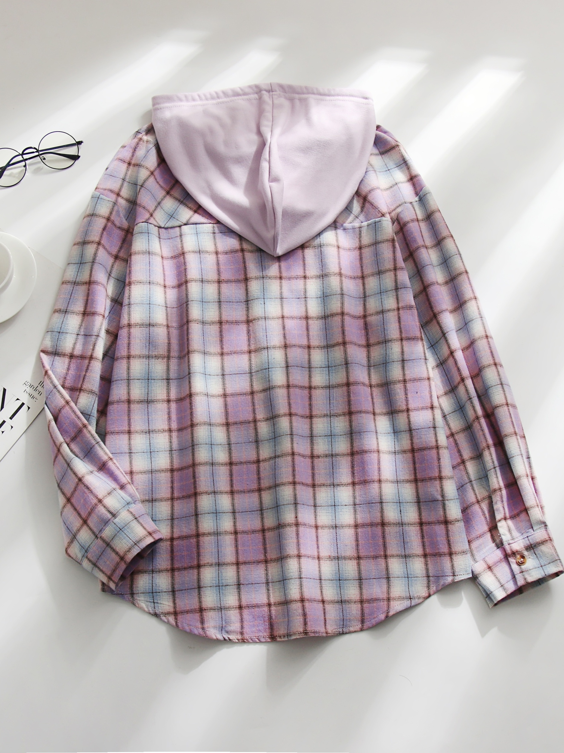 hooded plaid print blouse casual button front drawstring long sleeve blouse womens clothing details 30