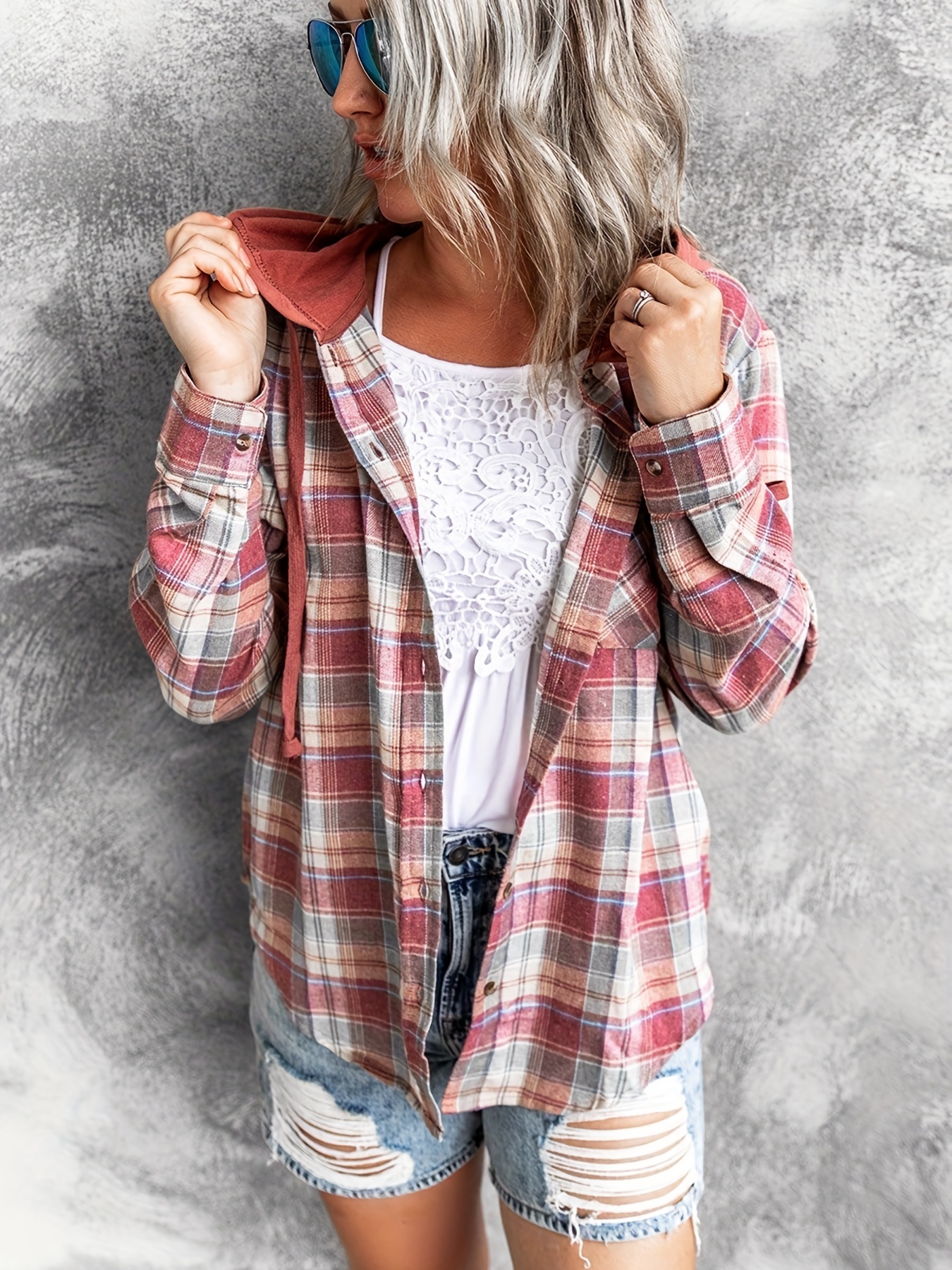 hooded plaid print blouse casual button front drawstring long sleeve blouse womens clothing details 37