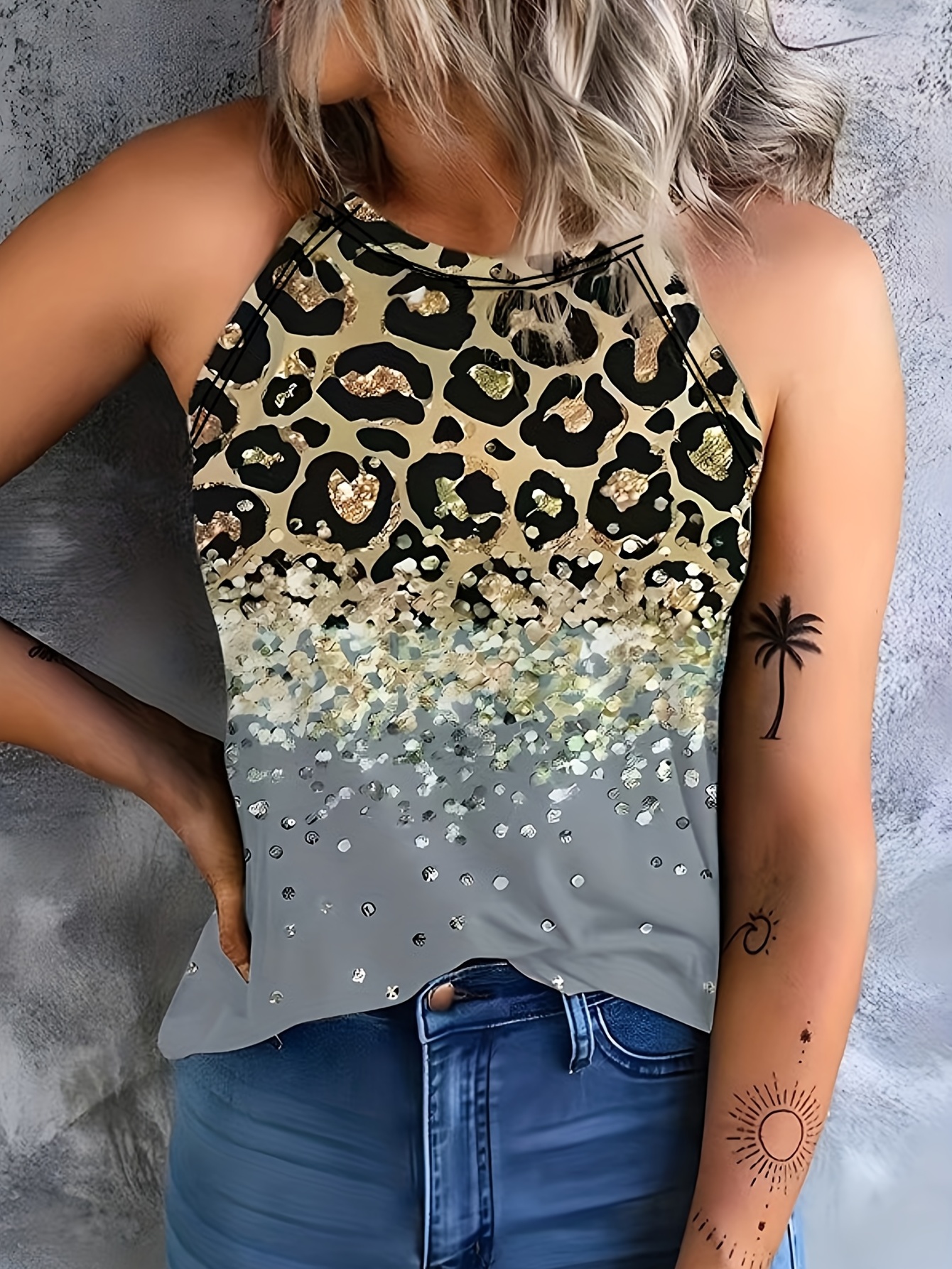 leopard print halter tank top casual sleeveless tank top for summer womens clothing details 3