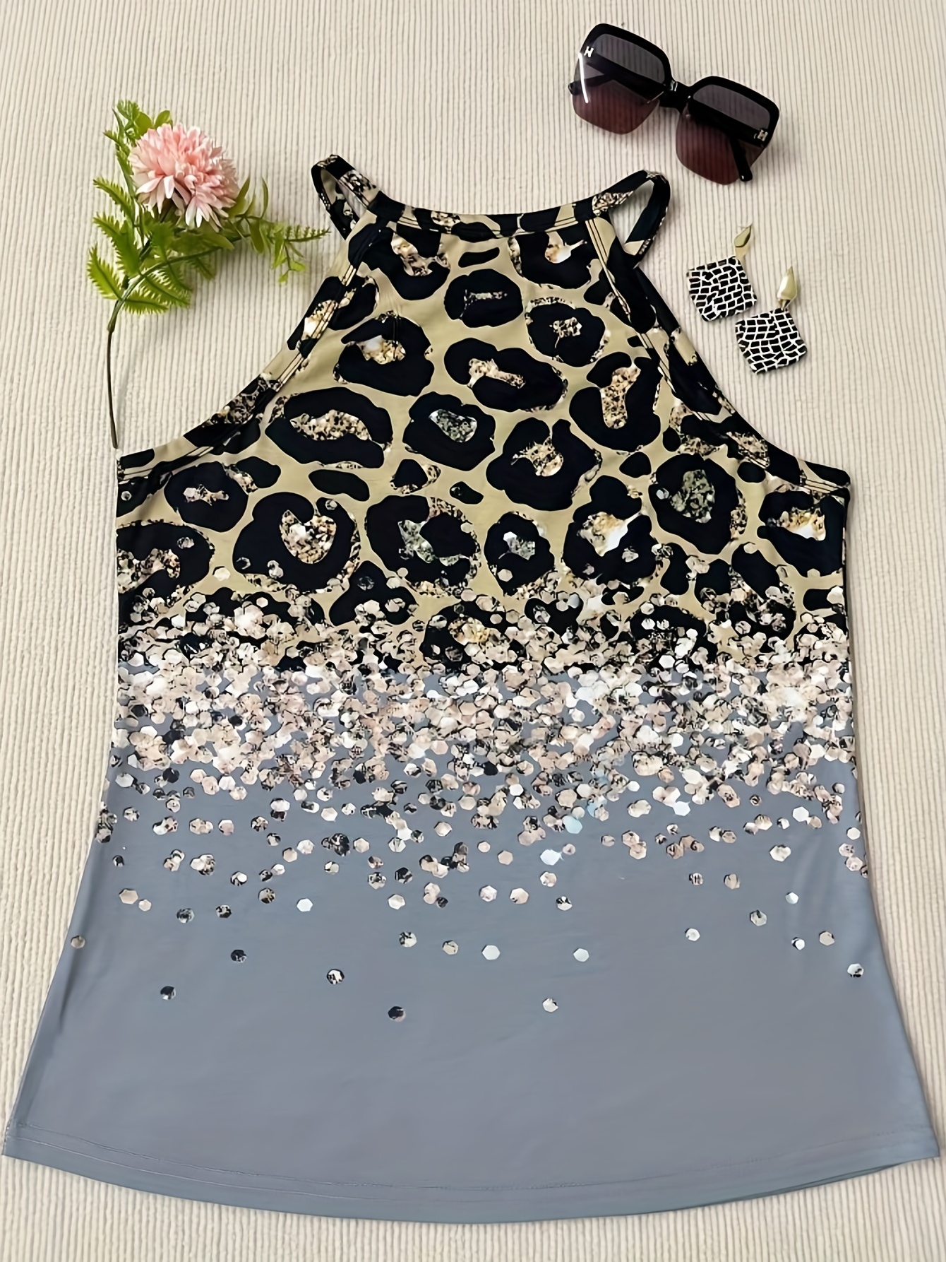 leopard print halter tank top casual sleeveless tank top for summer womens clothing details 5