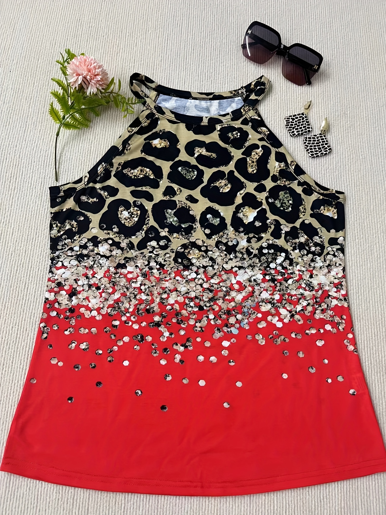 leopard print halter tank top casual sleeveless tank top for summer womens clothing details 10