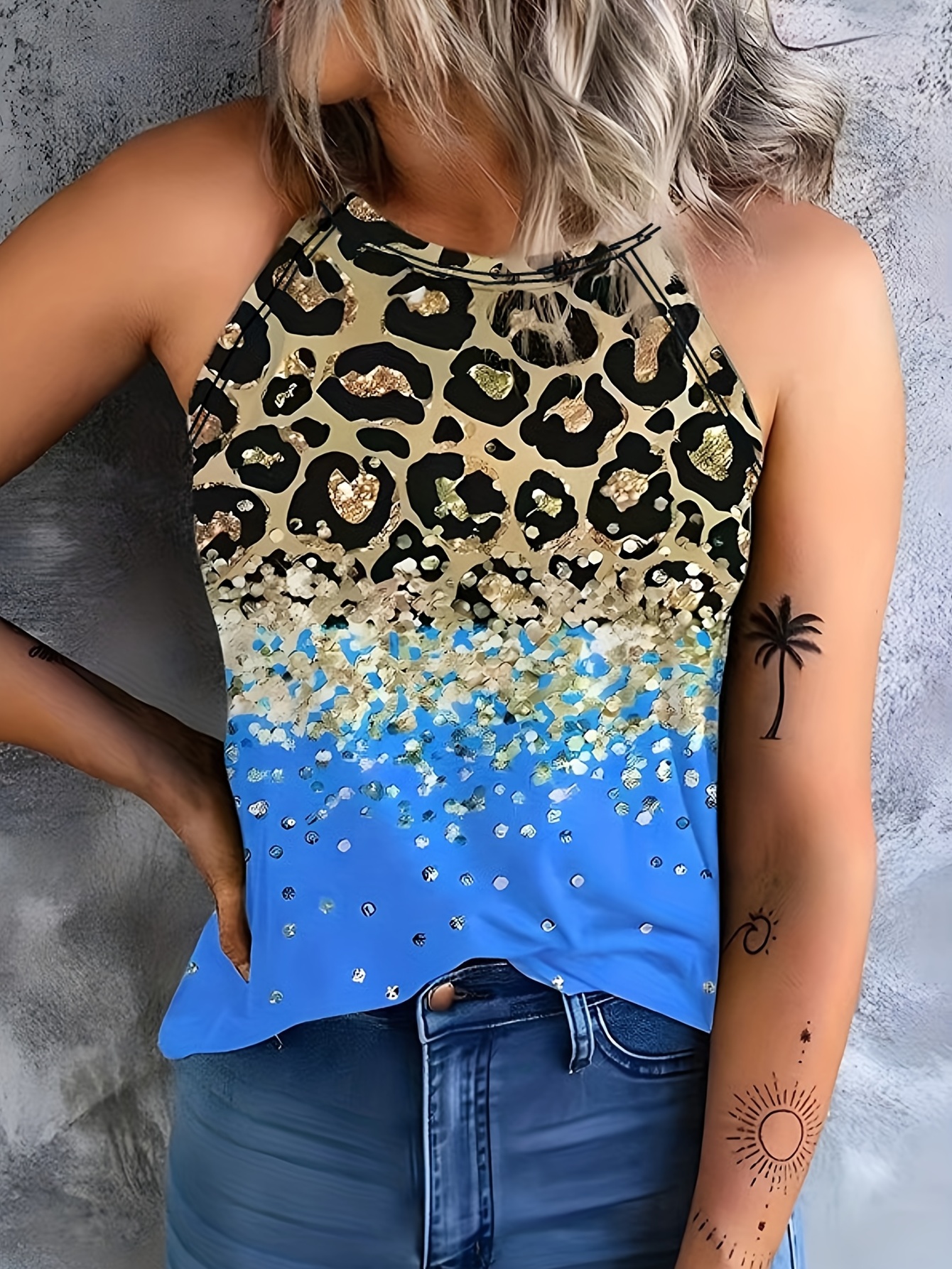 leopard print halter tank top casual sleeveless tank top for summer womens clothing details 13