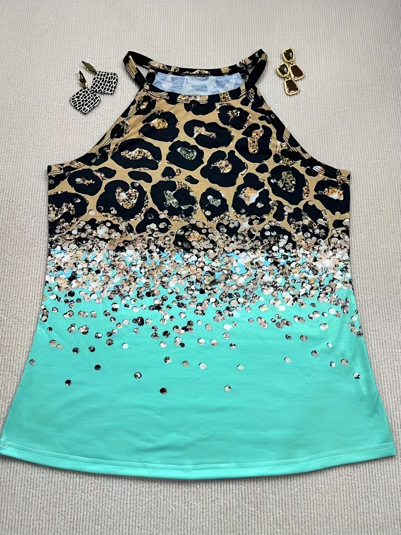 leopard print halter tank top casual sleeveless tank top for summer womens clothing details 26