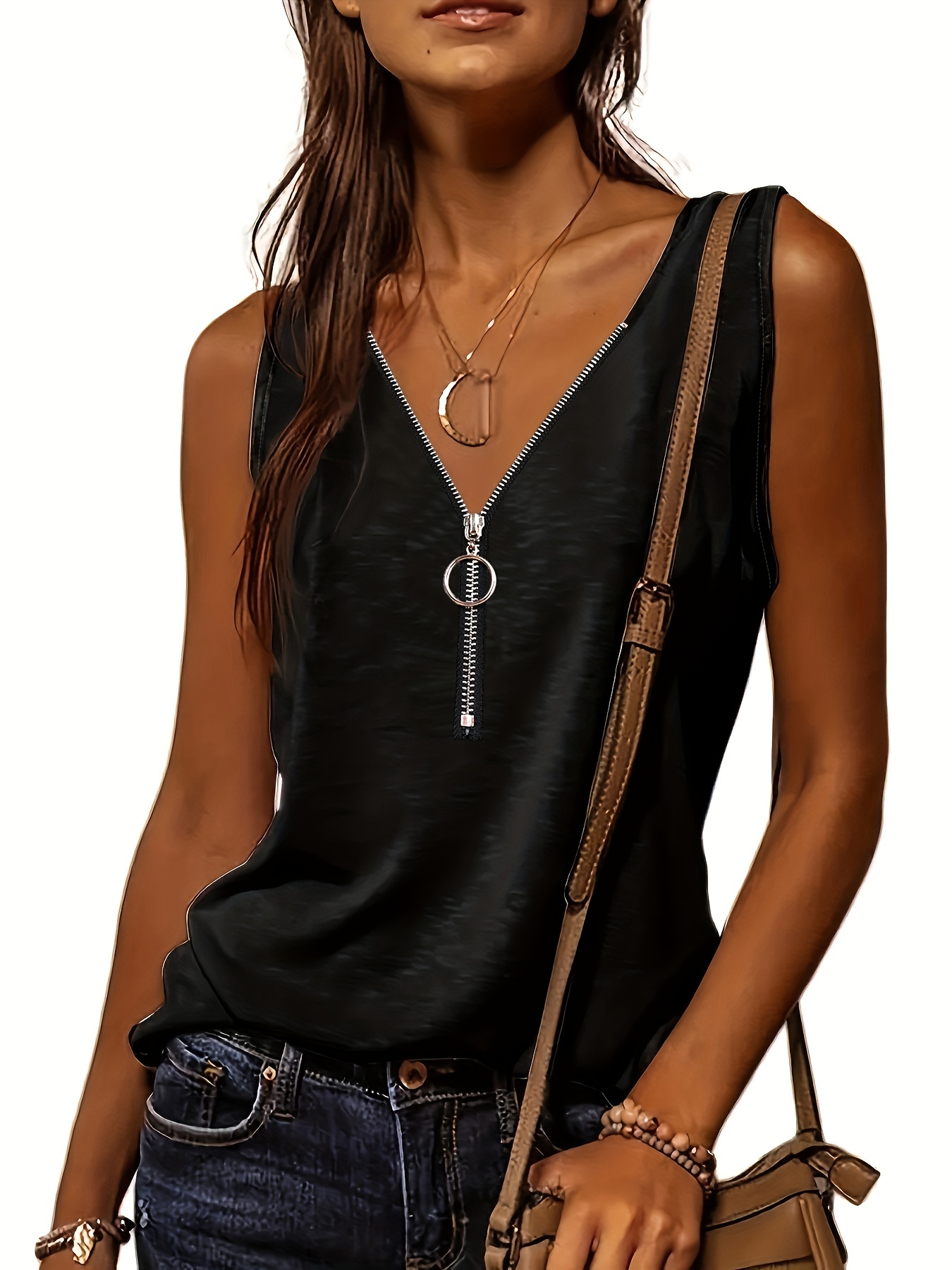 half zip solid tank top casual sleeveless summer tank top womens clothing details 33