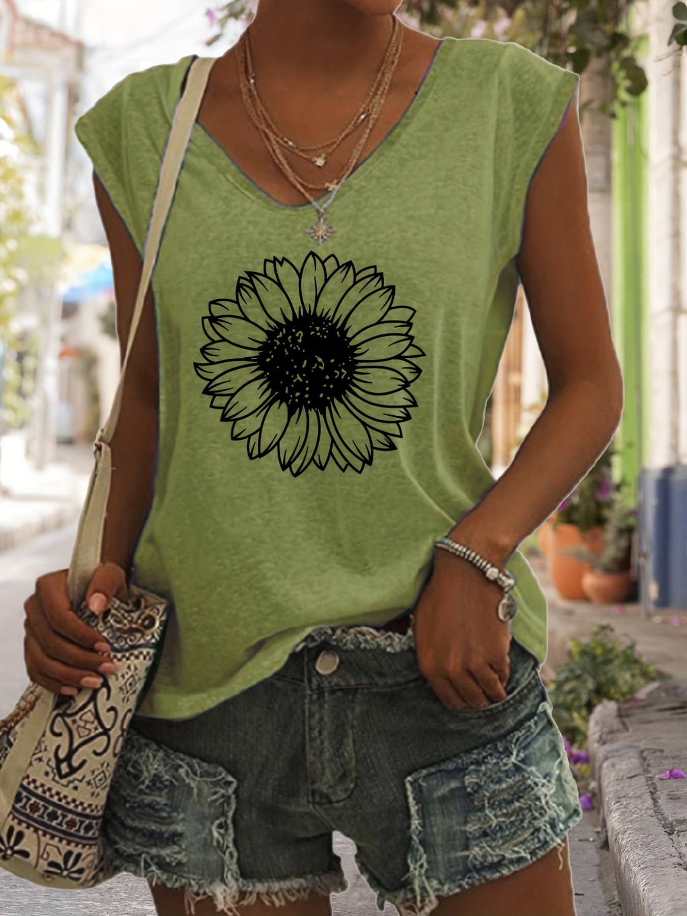 sunflower print v neck tank top casual sleeveless tank top for summer womens clothing details 0