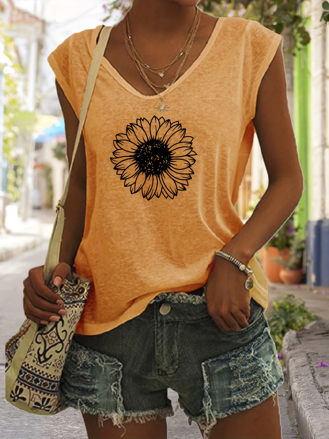 sunflower print v neck tank top casual sleeveless tank top for summer womens clothing details 4