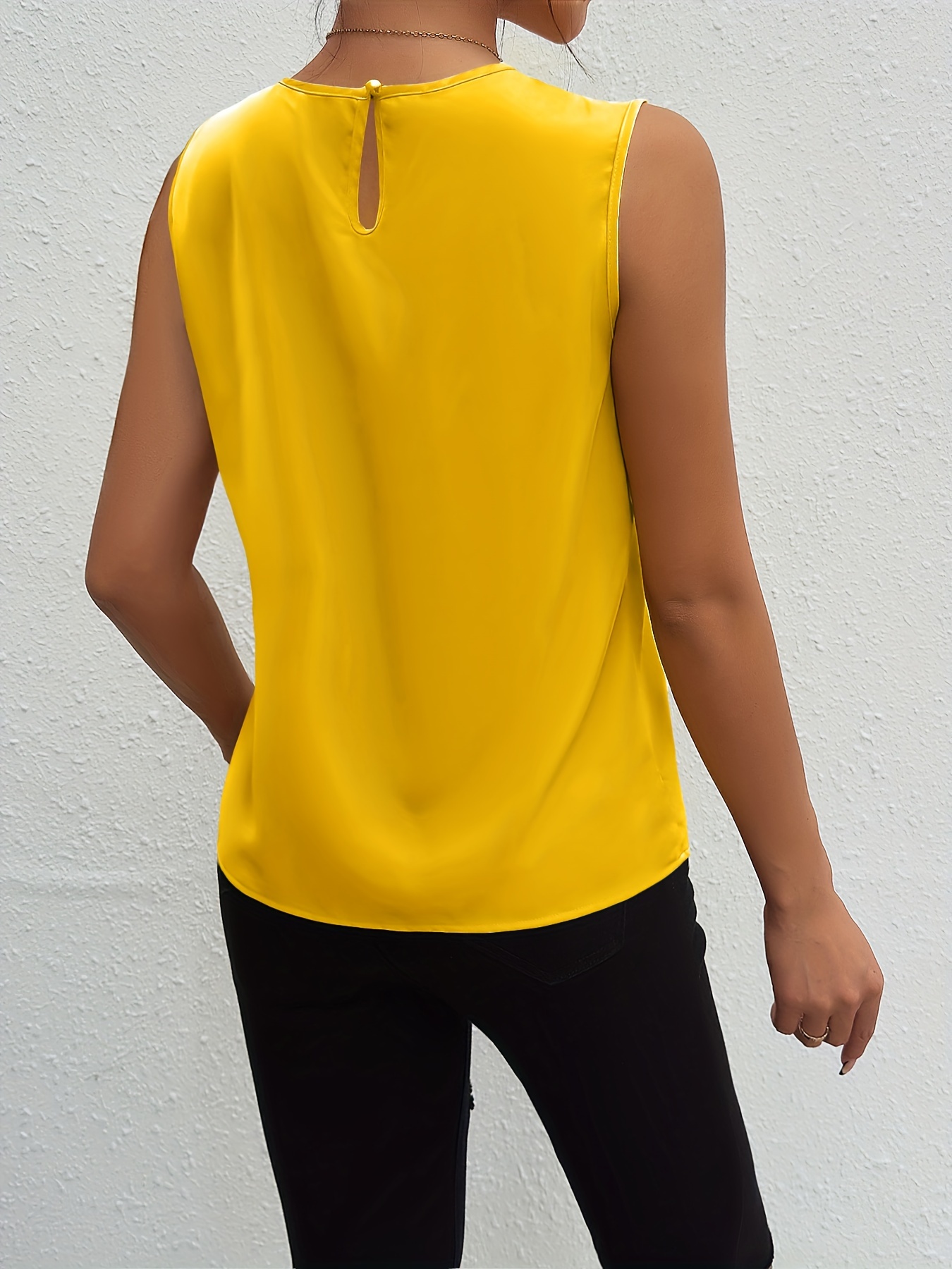 solid pleated simple tank top elegant sleeveless tank top for summer womens clothing details 15