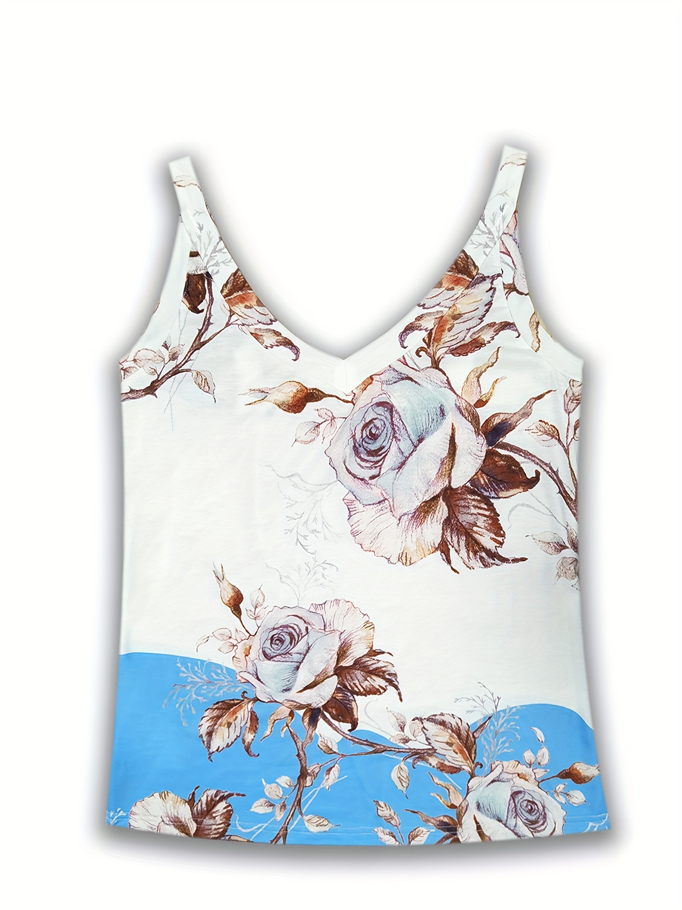 floral print v neck wide strap top casual sleeveless cami top for summer womens clothing details 5