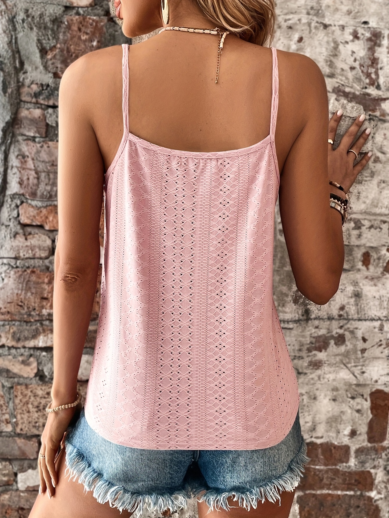 eyelet contrast lace cami top casual v neck spaghetti strap top for summer womens clothing details 15