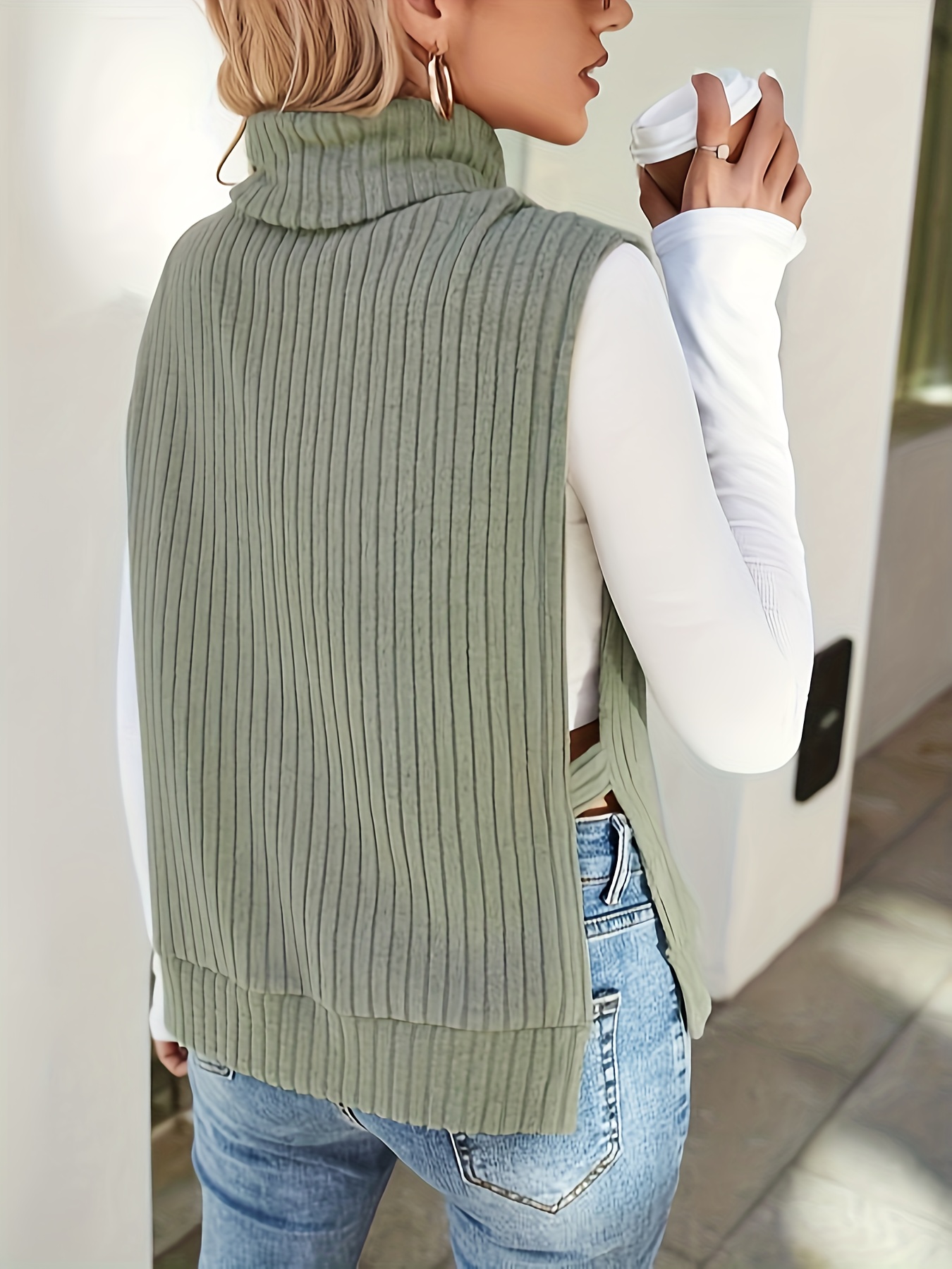 solid turtle neck rib knit vest casual split side sleeveless top womens clothing details 0