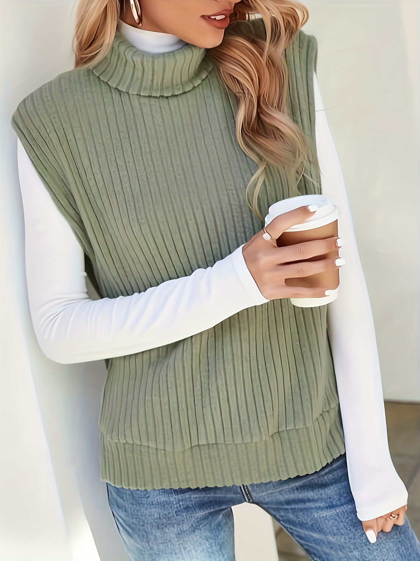 solid turtle neck rib knit vest casual split side sleeveless top womens clothing details 1