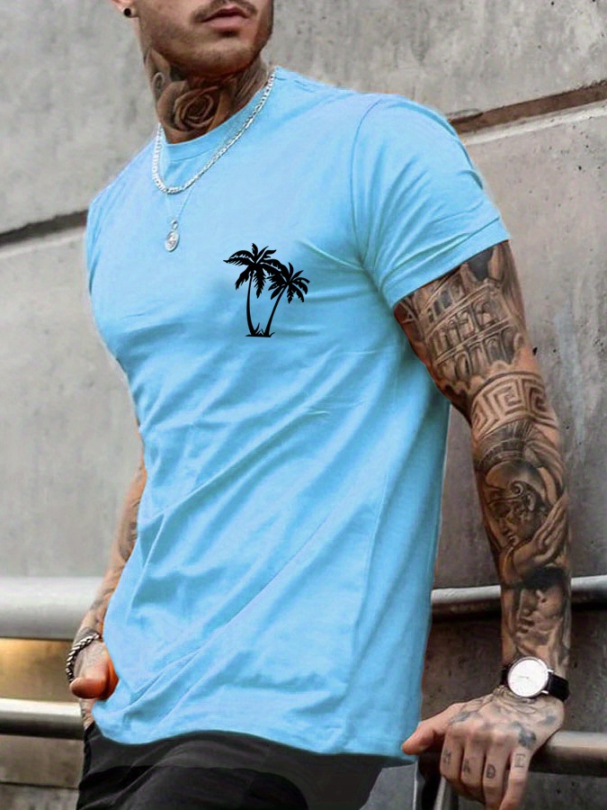 sketch style palm tree pattern top casual mid stretch short sleeve crew neck graphic t shirt mens tee for summer outdoor details 1