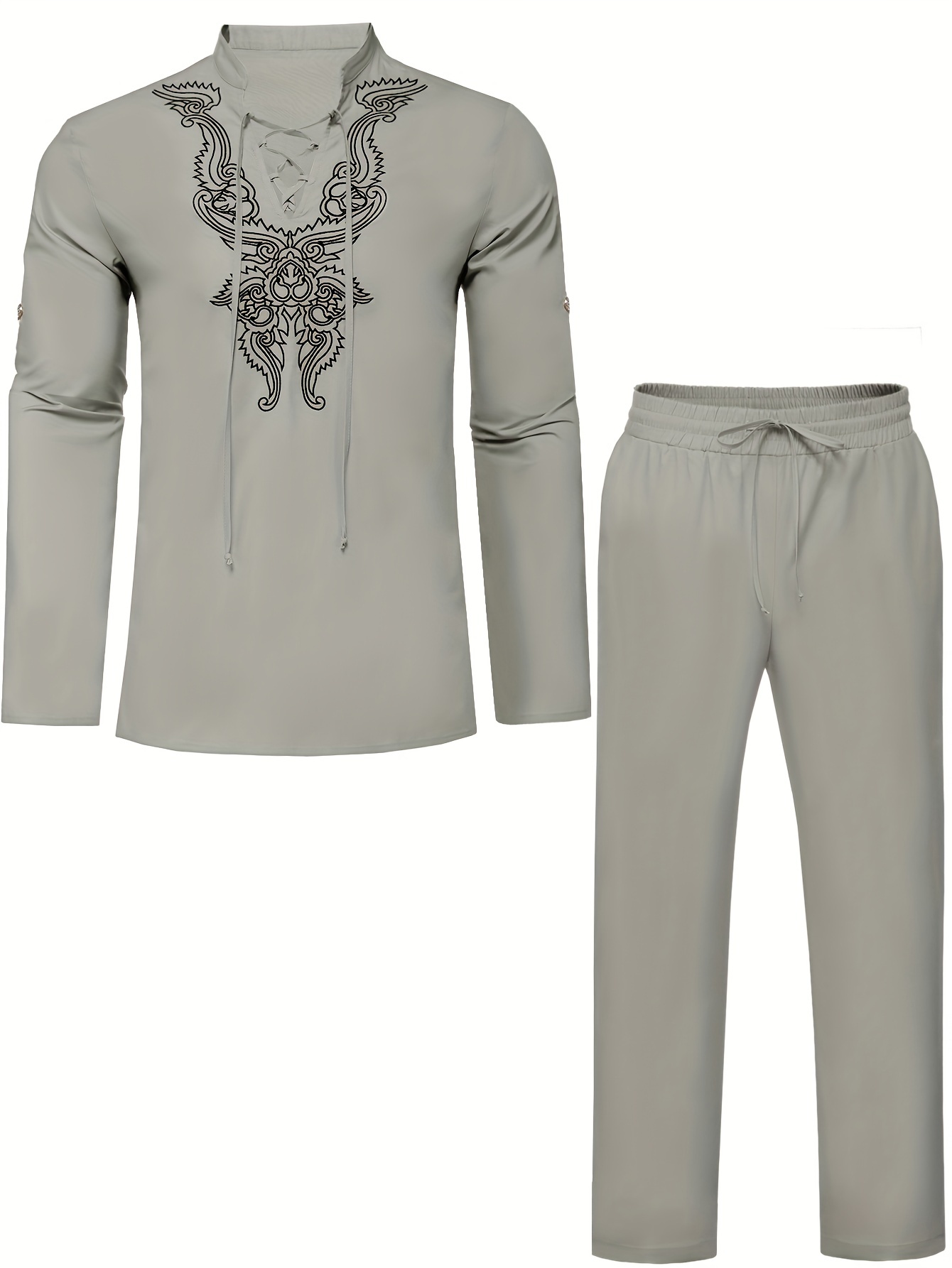 cotton boho style pattern embroidery mens 2 pieces outfits long sleeve lace up shirt and drawstring solid trousers set details 0