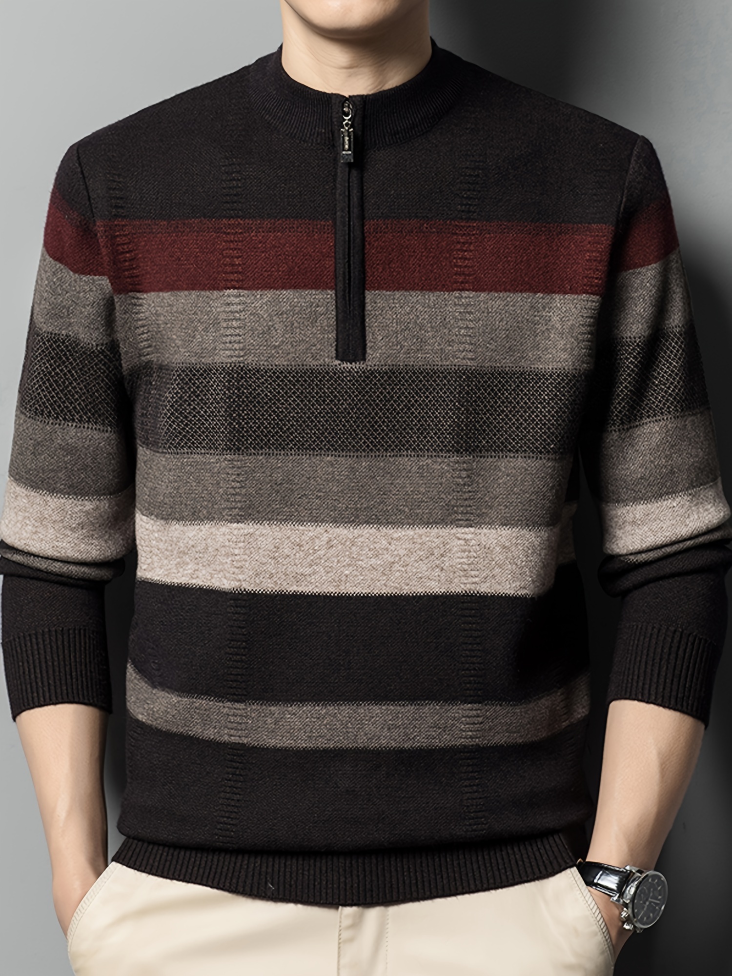 all match knitted striped sweater mens casual warm high stretch half zipper pullover sweater for men fall winter details 2