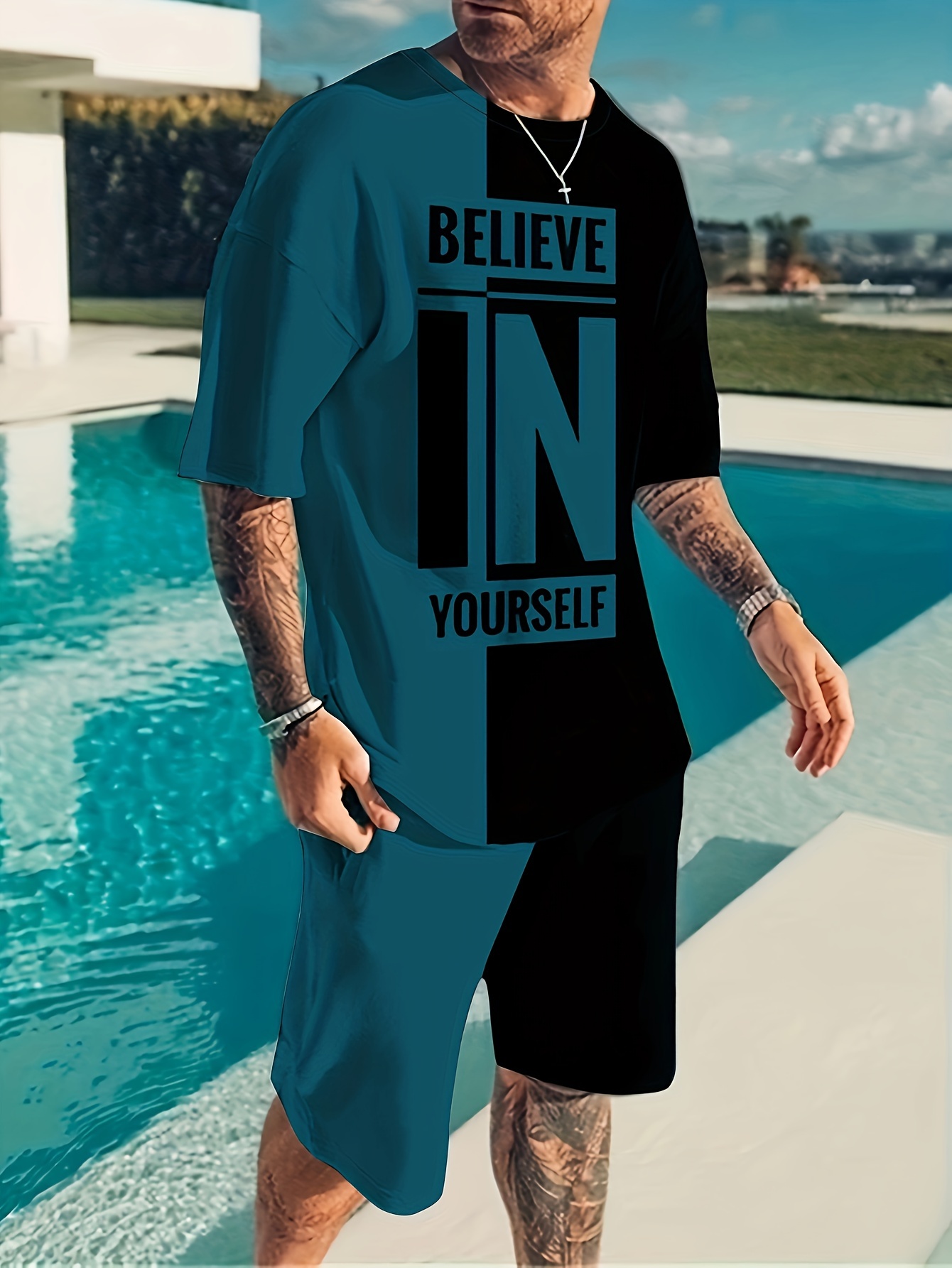 believe in yourself print mens 2pcs outfits casual crew neck short sleeve t shirt and drawstring shorts set for summer mens clothing details 0