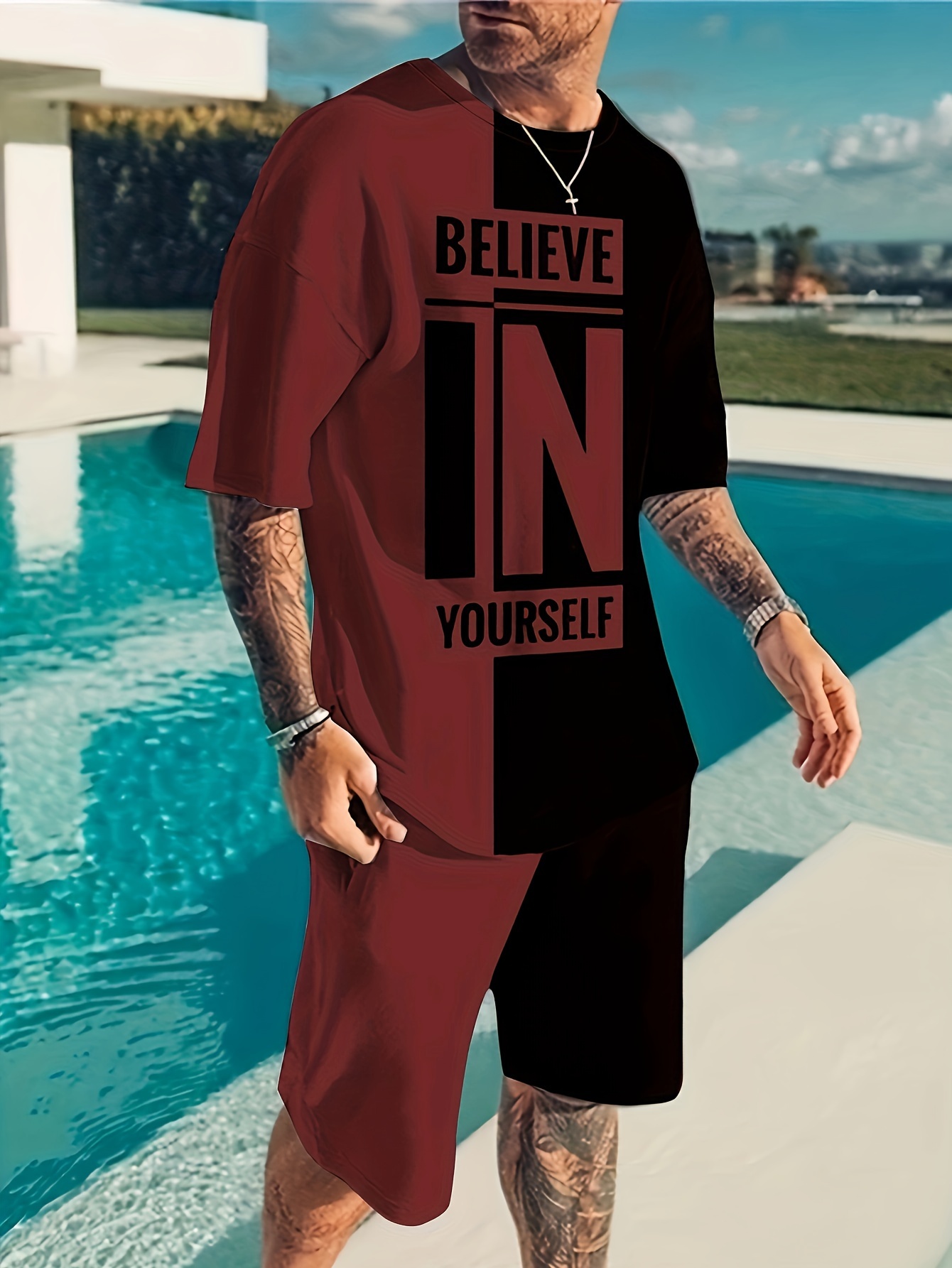 believe in yourself print mens 2pcs outfits casual crew neck short sleeve t shirt and drawstring shorts set for summer mens clothing details 12