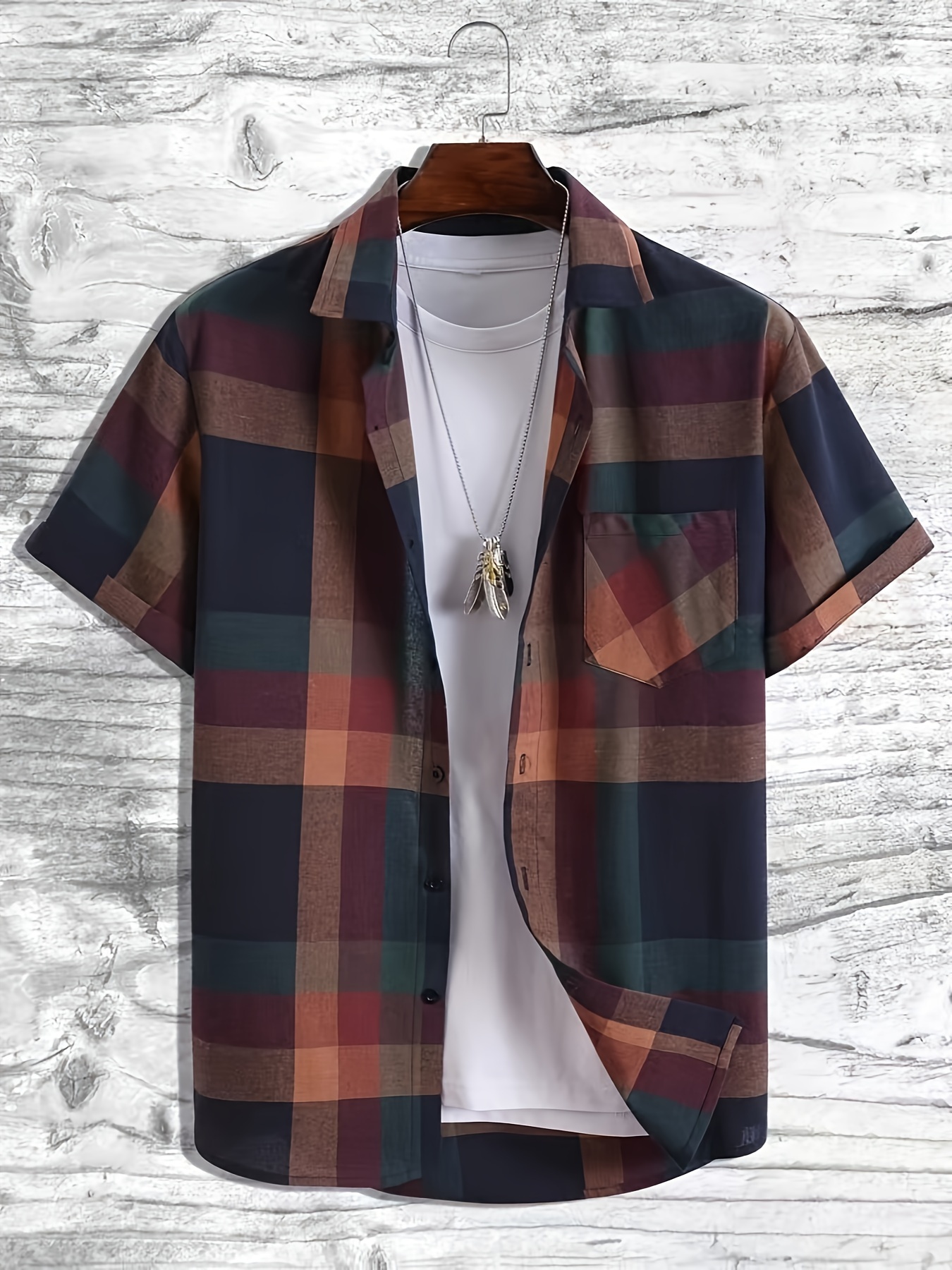 mens plaid turndown collar short sleeve shirt trendy comfy shirt for spring summer autumn details 0