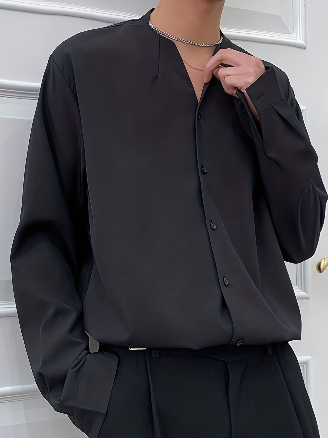 v neck mens solid long sleeve formal shirt casual mens top for spring fall lightweight male clothing for formal occasions details 2