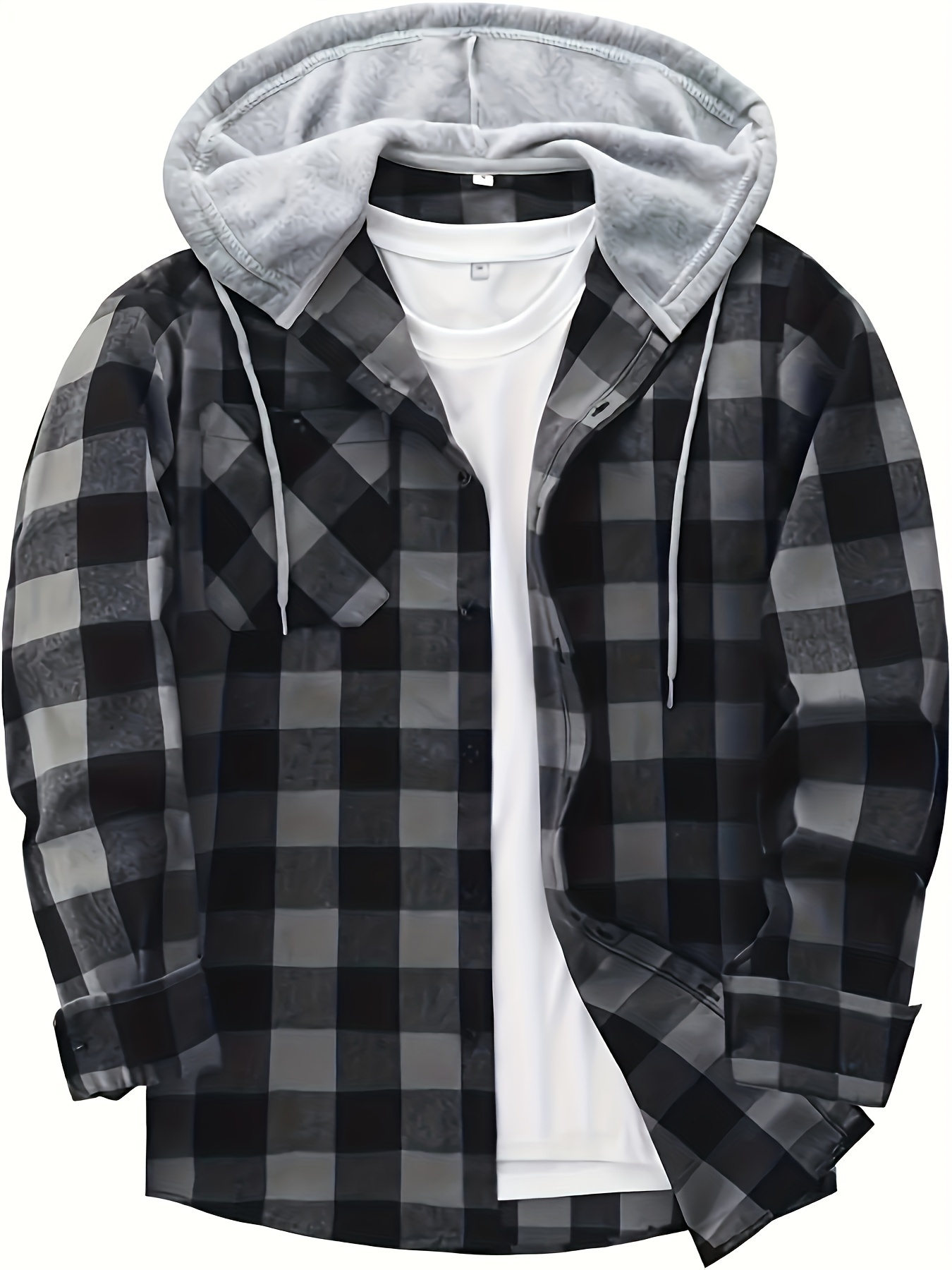 plaid pattern mens long sleeve hooded shirt with chest pocket drawstring mens casual spring fall clothing details 5