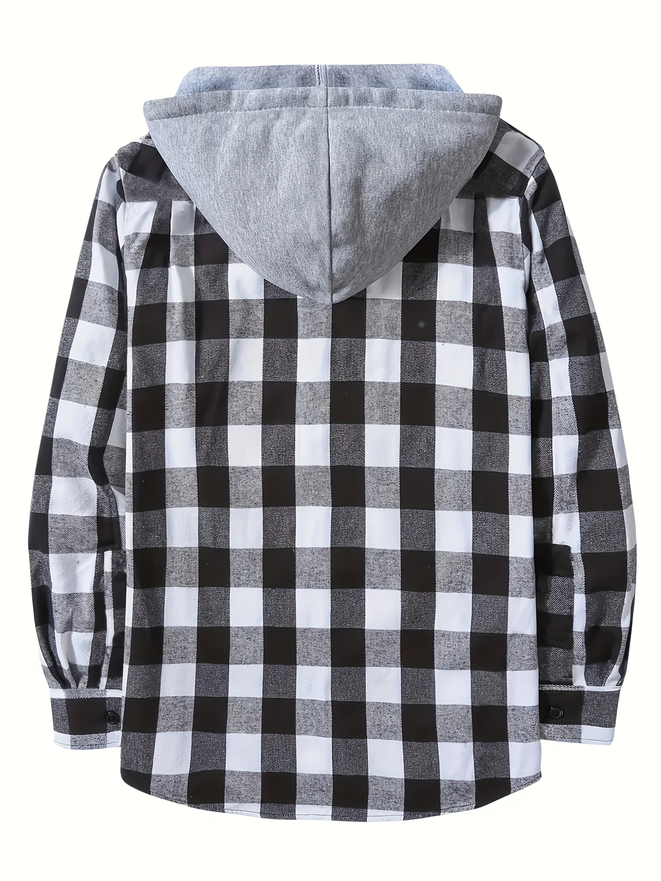 plaid pattern mens long sleeve hooded shirt with chest pocket drawstring mens casual spring fall clothing details 12