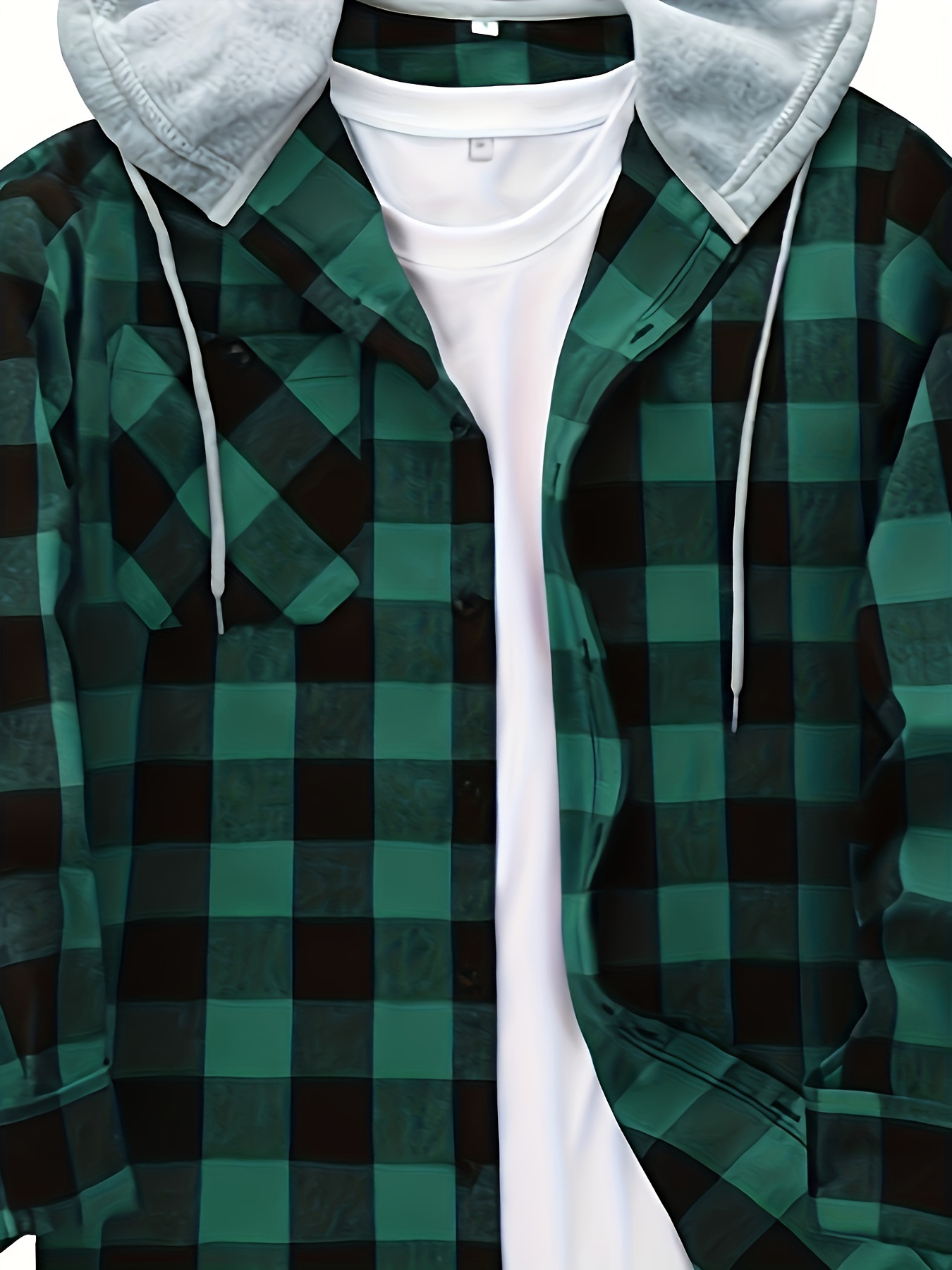 plaid pattern mens long sleeve hooded shirt with chest pocket drawstring mens casual spring fall clothing details 17