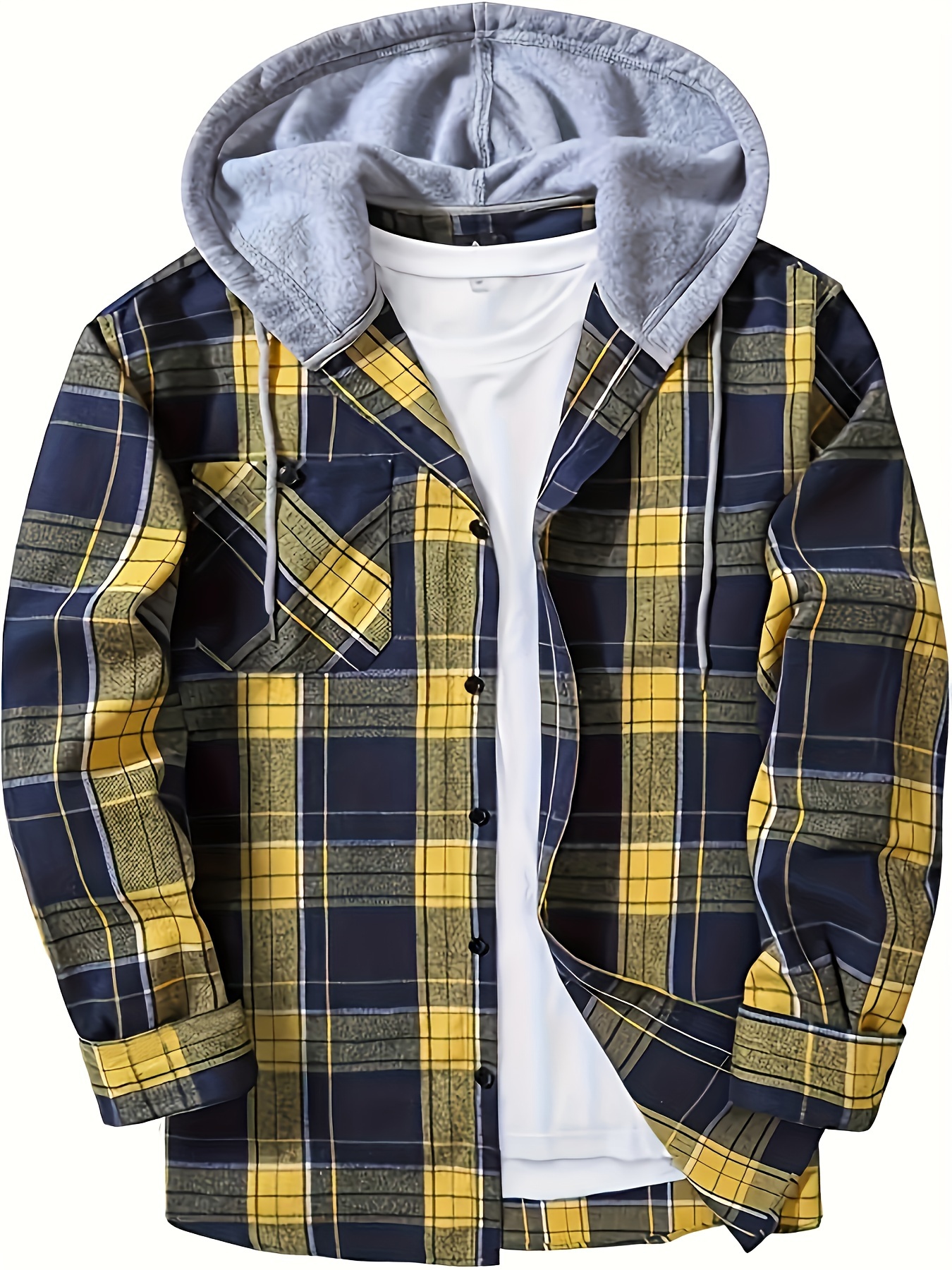 plaid pattern mens long sleeve hooded shirt with chest pocket drawstring mens casual spring fall clothing details 35