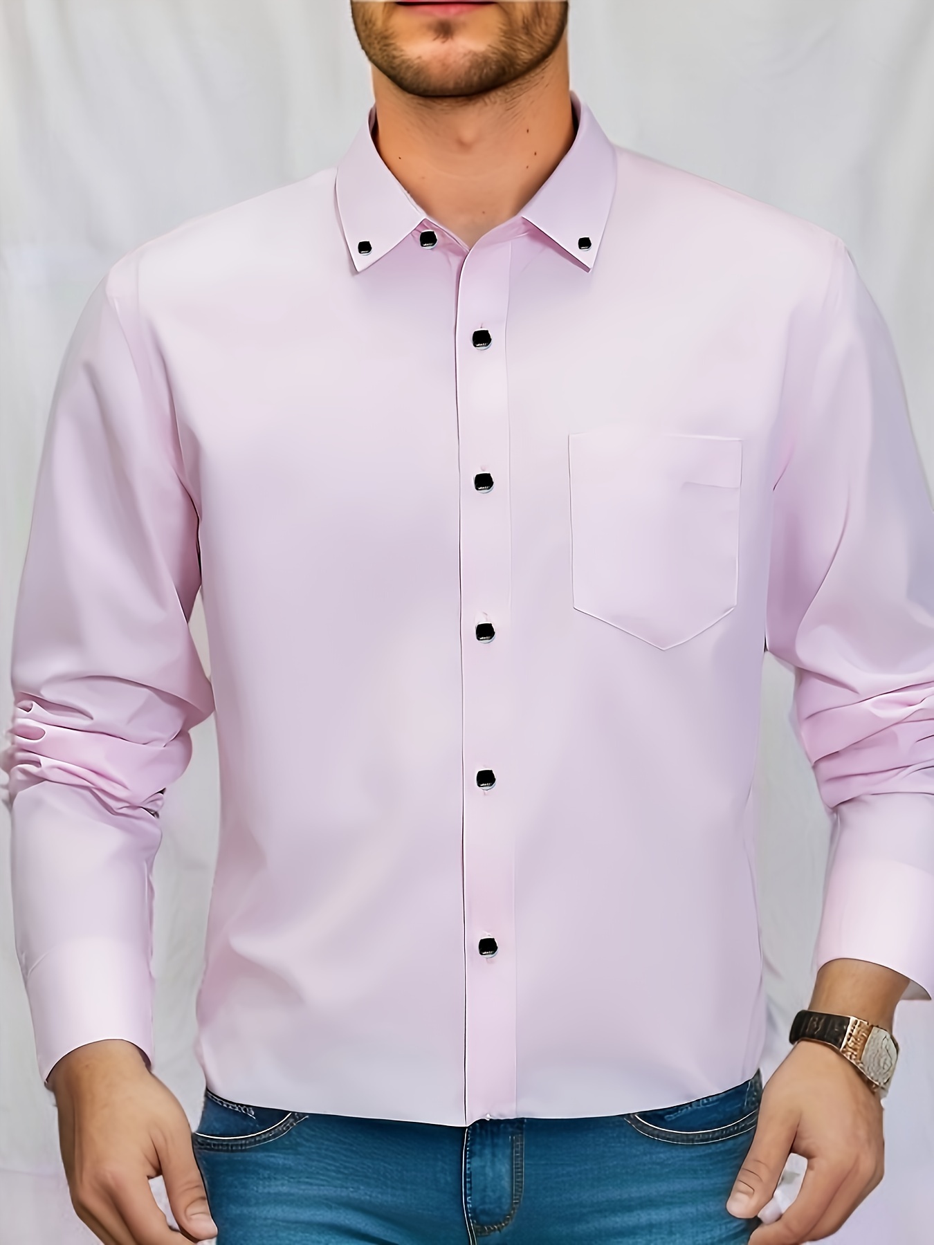 mens stylish solid shirt casual breathable lapel button up short sleeve shirt top for business activities details 6